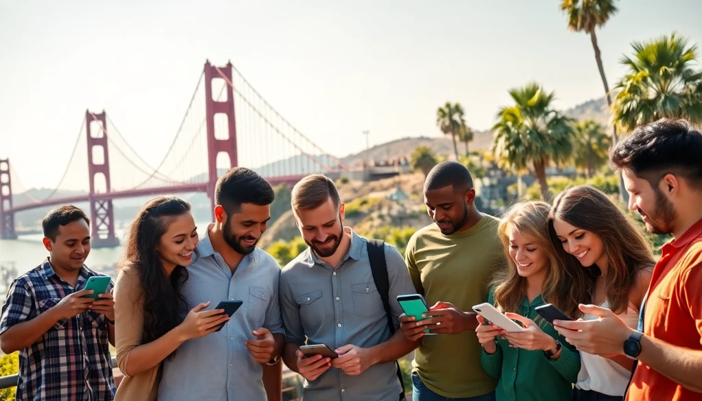 Engaging scene of sports betting in California with diverse individuals using mobile devices outdoors.