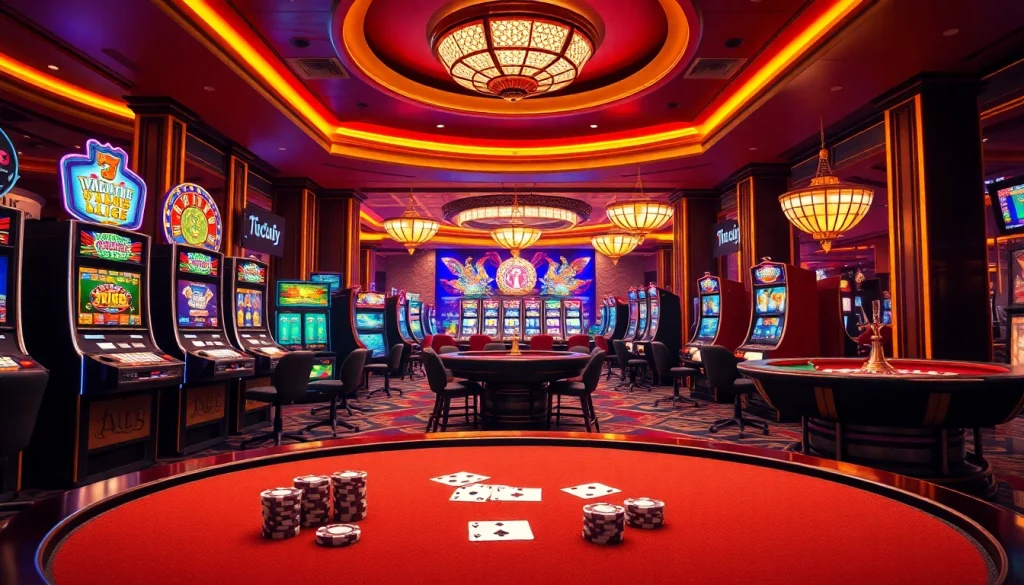 Experience the excitement of gambling with 789club.music's vibrant casino scene, highlighting poker tables and slot machines.