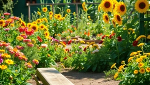 Gardening scene showcasing a rich variety of flowers and vegetables in a sunny garden.