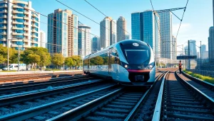 Innovative rail systems company displaying a modern train in an urban setting.