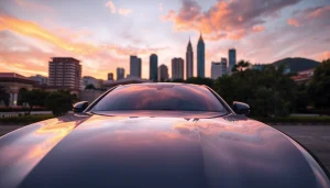 Kuching car hire service featuring a modern vehicle in front of a vibrant Kuching sunset cityscape.