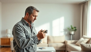 Inspecting for bed bugs with https://affordablebedbugexterminators.com in a modern living room