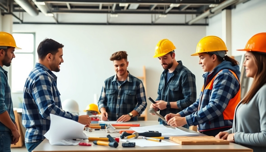 Engaged trainees participating in construction workforce development activities in a modern workshop.