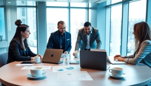 Business team collaborating in a modern conference room highlighting innovation and teamwork.