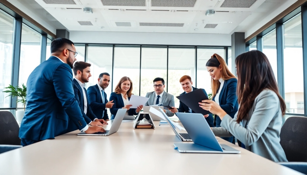 Engaging business discussion among professionals in a modern office setting.