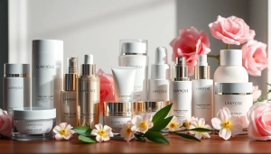 Premium hudvårdsprodukter online presenterade med elegant förpackning och mjuk belysning.