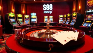 S88vip roulette table surrounded by poker chips and slot machines in a luxurious casino setting.