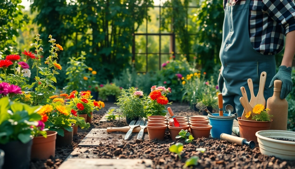 Gardening expert nurturing blooming flowers and vegetables in a vibrant garden setup.