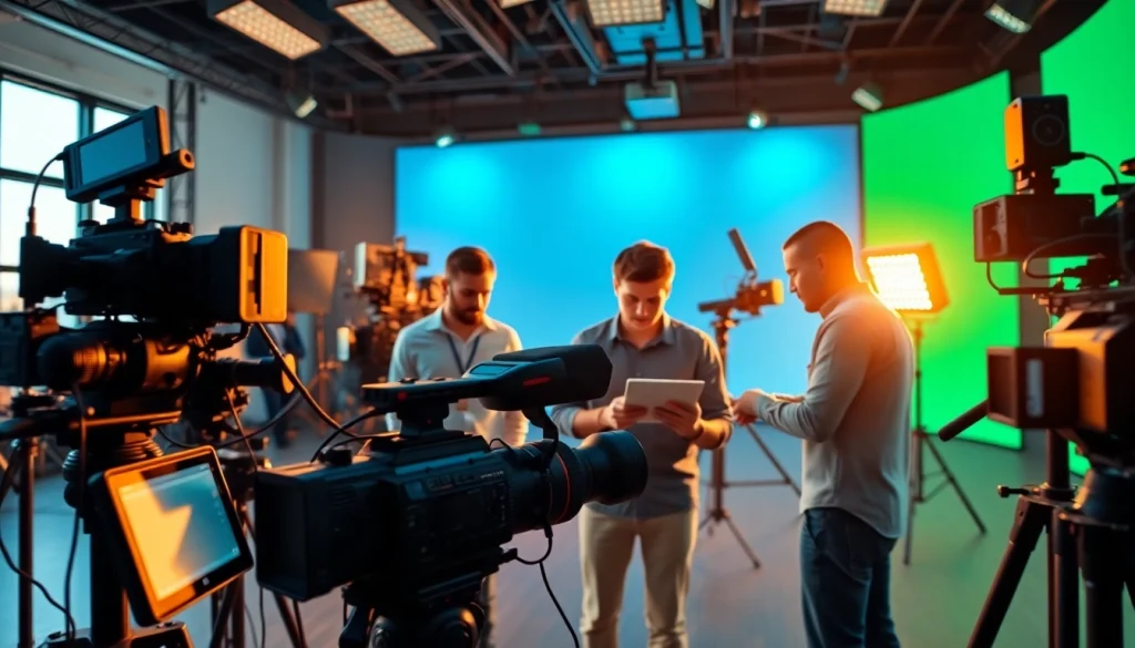 Capture corporate video production with team collaboration amid bright studio lights and high-tech equipment.
