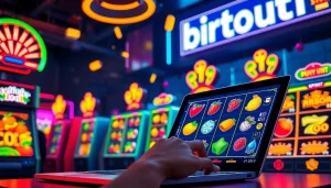 Adegan permainan online Birutoto yang menarik menampilkan mesin slot berwarna-warni dan seorang pengguna berinteraksi dengan tablet.