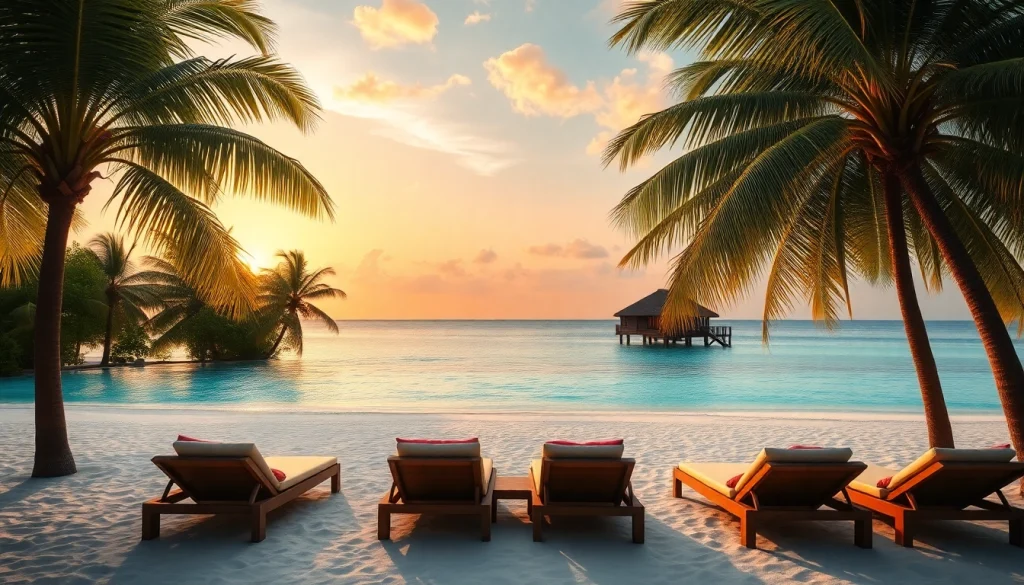 Luxury travel destinations showcase a serene tropical beach at sunset, perfect for relaxation and escape.