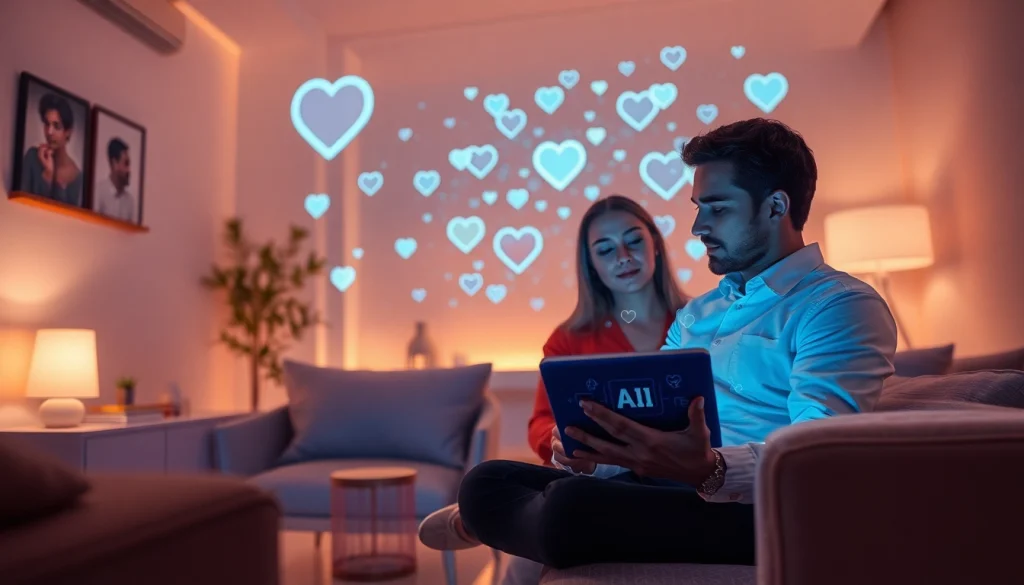 Couple interacting with AI chatbot in a cozy futuristic setting, exploring sex AI connections.