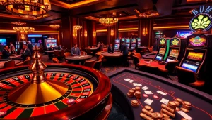 Players enjoy exciting games at King88 with vibrant casino tables and slot machines.