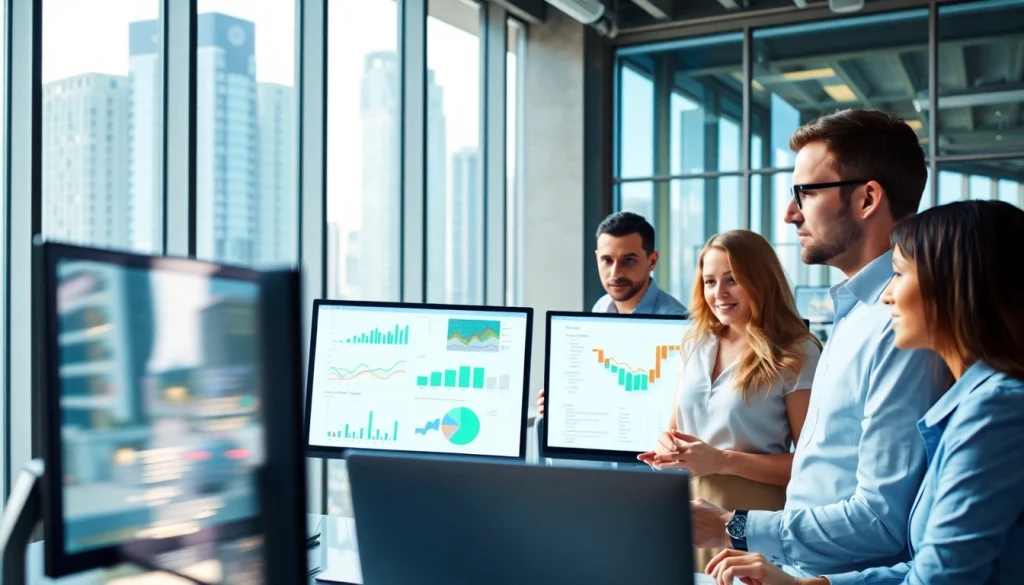 Analyze competitive intelligence with a diverse business team in a modern office setting.