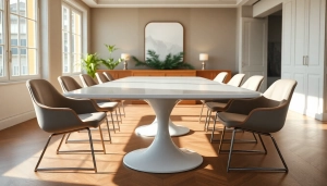 Δημιουργήστε έναν ζεστό χώρο με τραπεζι τουλιπα και μοντέρνες καρέκλες, ιδανικό για δείπνο.