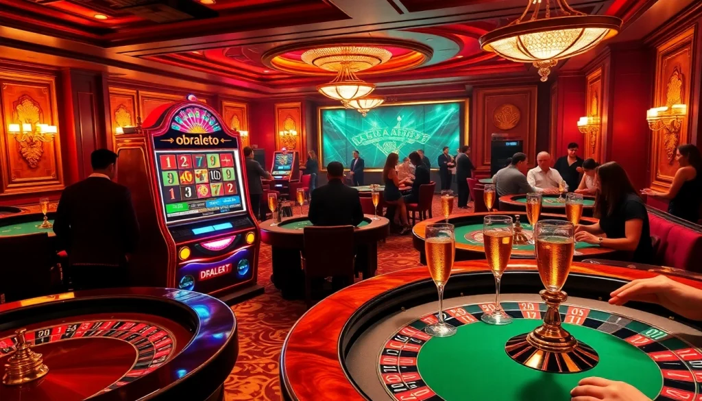 Experience the excitement of obraltoto in a luxurious casino atmosphere with vibrant slot machines and elegant gaming tables.