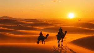 Agafay Desert camel ride at sunset with riders enjoying golden hues and tranquil scenery.