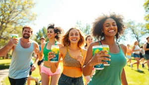 People enjoying Puraboost energy drinks in a vibrant park setting, showcasing health and vitality.