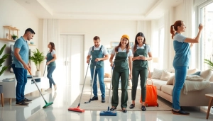 Cleaning service team diligently working in a bright home, showcasing trust and professionalism.