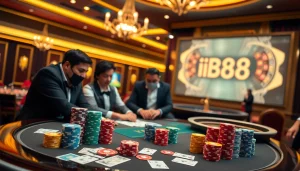 Experience IB88 excitement at a luxurious casino with poker and roulette action.