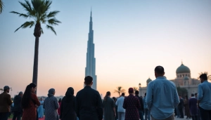 Prayer time Dubai: Diverse community gathered in serene outdoor setting at sunset, showcasing spirituality and cultural significance.