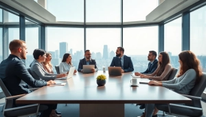 Collaborative business meeting showcasing diverse individuals engaging in discussion over professional topics.