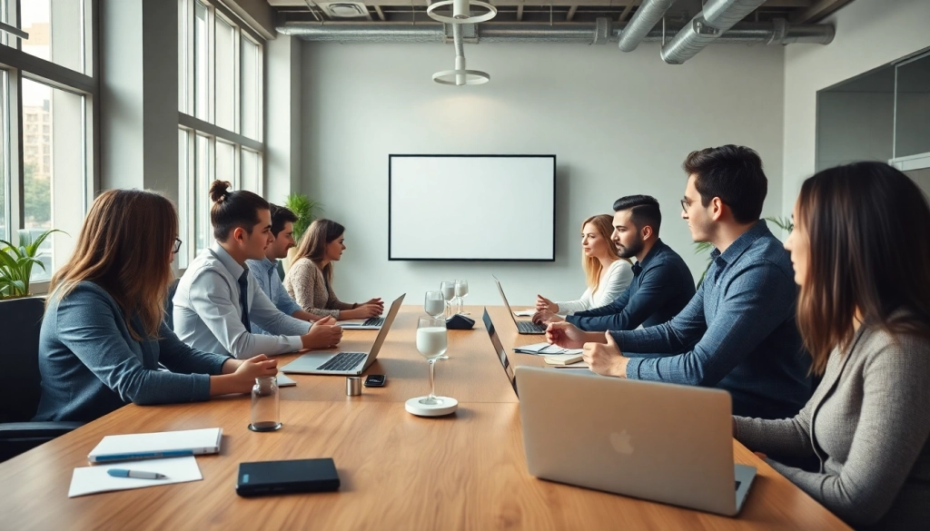 Business professionals collaborating in a modern office setting during a meeting.