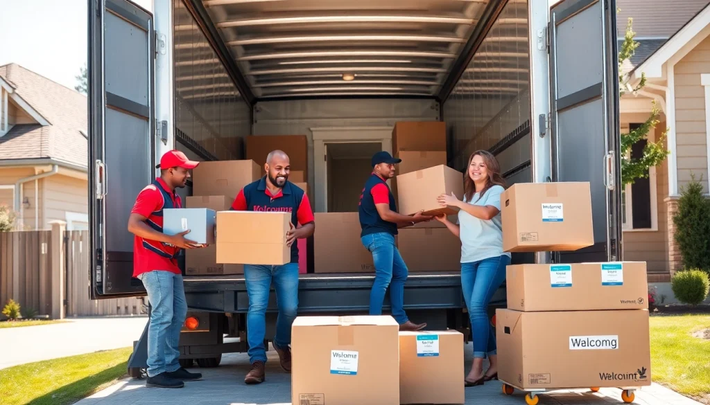 Moving Company team efficiently loading a truck with boxes and furniture in a sunny neighborhood.