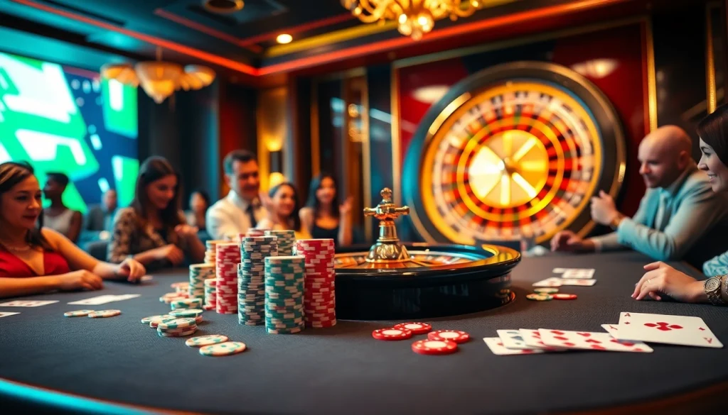 Players enjoying a thrilling game of poker at UU88 Casino, showcasing vibrant chips and an exciting atmosphere.