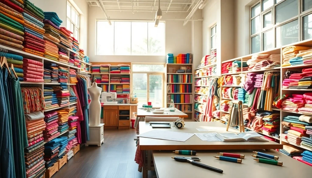 Bekijk stoffenwinkel met kleurrijke stoffen en naaiaccessoires in een uitnodigende setting.