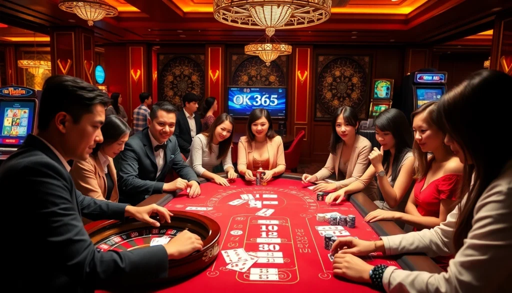 Players enjoying exciting games at OK365 Trang chủ with vibrant casino atmosphere and luxury elements.