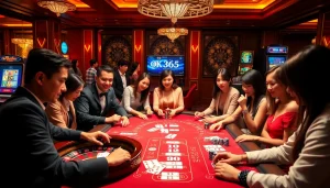 Players enjoying exciting games at OK365 Trang chủ with vibrant casino atmosphere and luxury elements.