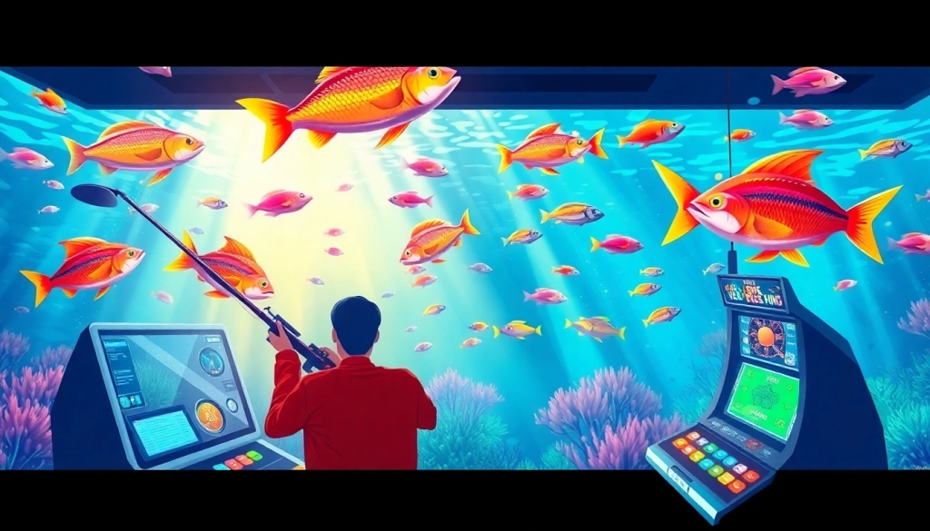 Bắn cá đổi thưởng action scene with colorful fish and players using high-tech fishing guns in an underwater setting.