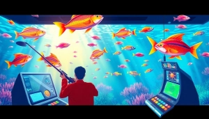 Bắn cá đổi thưởng action scene with colorful fish and players using high-tech fishing guns in an underwater setting.