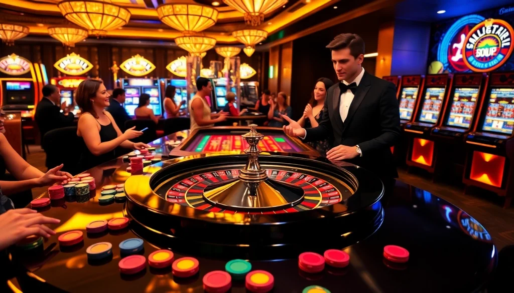 Experience the thrill of gambling at https://luck8.name/ with dynamic visuals of a roulette table and excited players.
