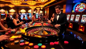 Experience the thrill of gambling at https://luck8.name/ with dynamic visuals of a roulette table and excited players.