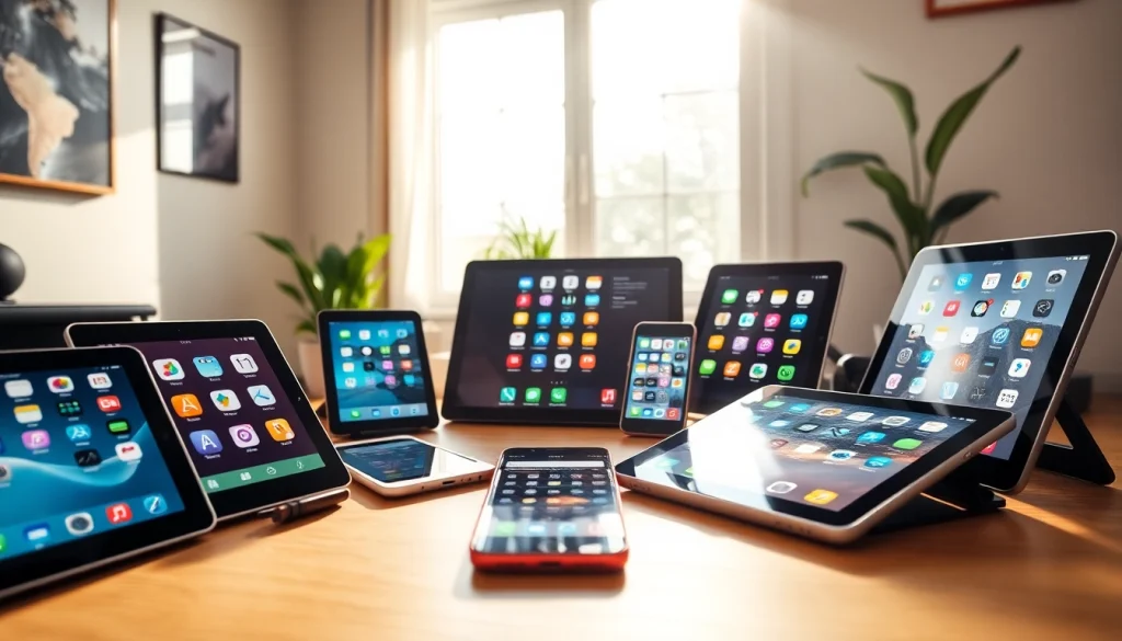 Showcase mobile apps on devices in a modern workspace with vibrant app icons.