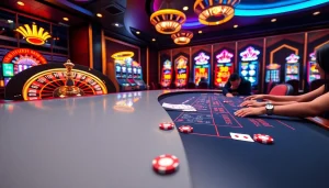 Experience the thrill of rr88 with poker chips and a roulette wheel in a vibrant casino scene.