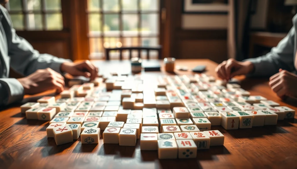 Permainan mahjong dengan papan cantik dan tangan siap bermain.