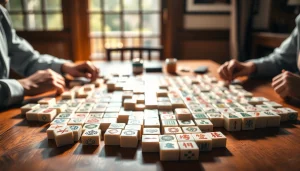 Permainan mahjong dengan papan cantik dan tangan siap bermain.