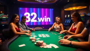 Poker players at 32 win.com enjoy a high-stakes game surrounded by vibrant casino lights.