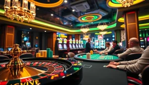 Engage in high-stakes action at https://lc88comm.com/ with colorful poker chips and a vibrant casino backdrop.