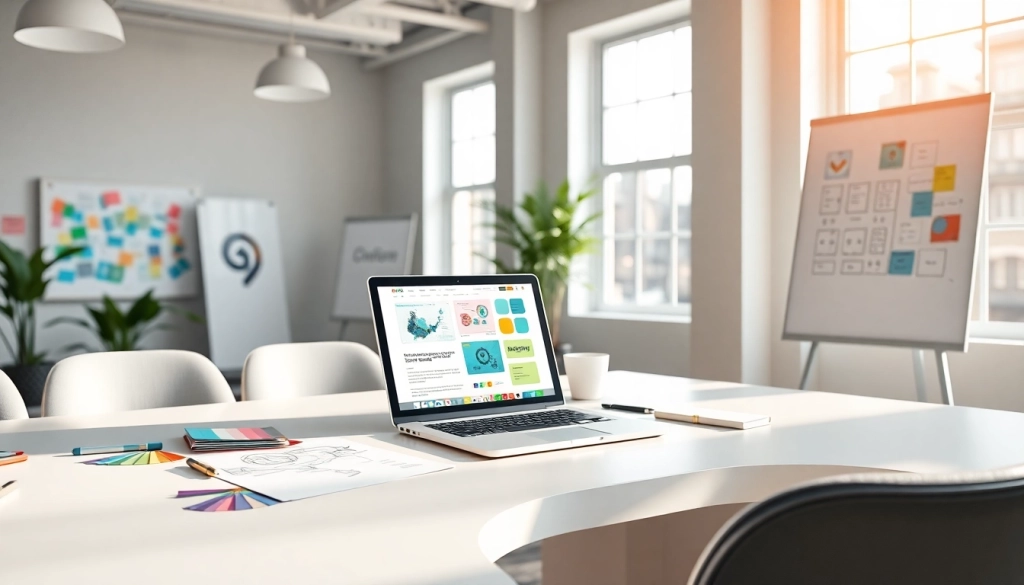 Marketing agency workspace with modern desk and creative materials.