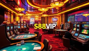 S88VIP showcases an exhilarating online casino experience with vibrant tables and slot machines.