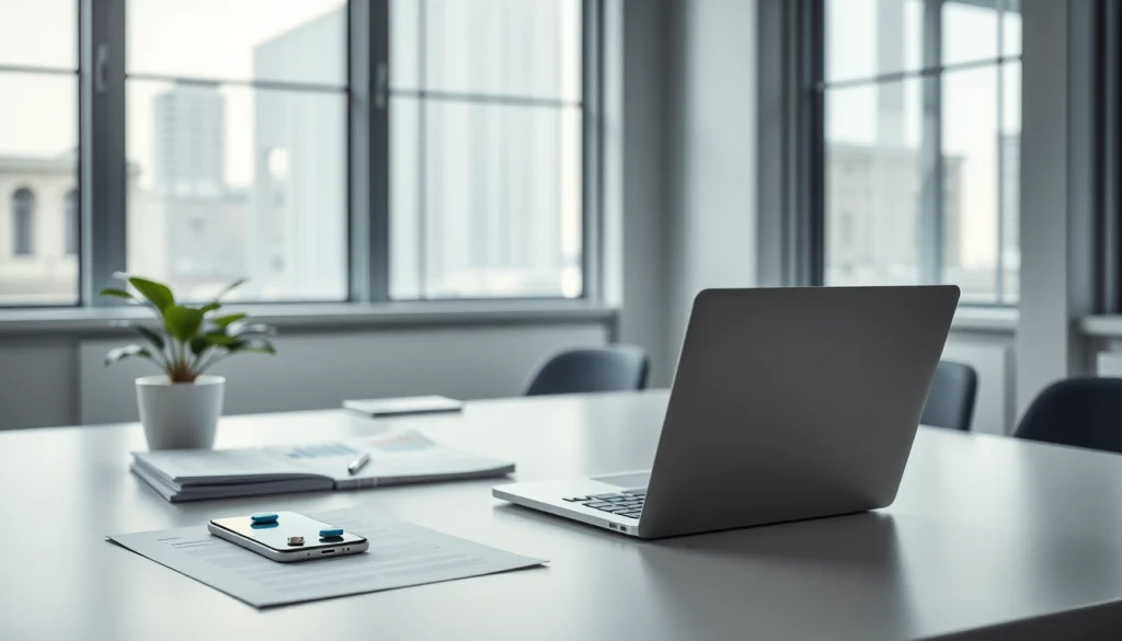 Easy business tutorial workspace with laptop, documents, and plant in a modern office.