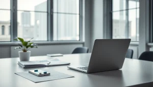 Easy business tutorial workspace with laptop, documents, and plant in a modern office.