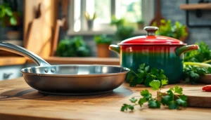 Showcase of high-quality cookware NZ arranged on a rustic kitchen counter with fresh ingredients.