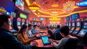 Experience the exciting gaming atmosphere at 78WIN, featuring diverse players enjoying vibrant casino games.