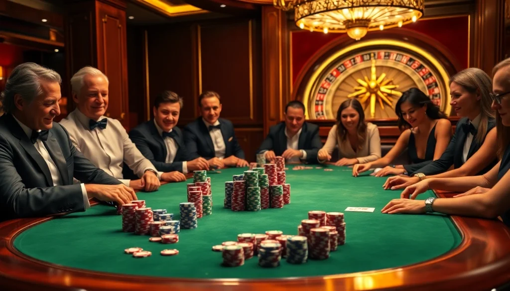 Engaged players at a premium poker table in a lavish casino setting, highlighting s8 poker chips.