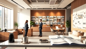 Real Estate professionals discuss listings in a modern office with chic decor and inviting atmosphere.